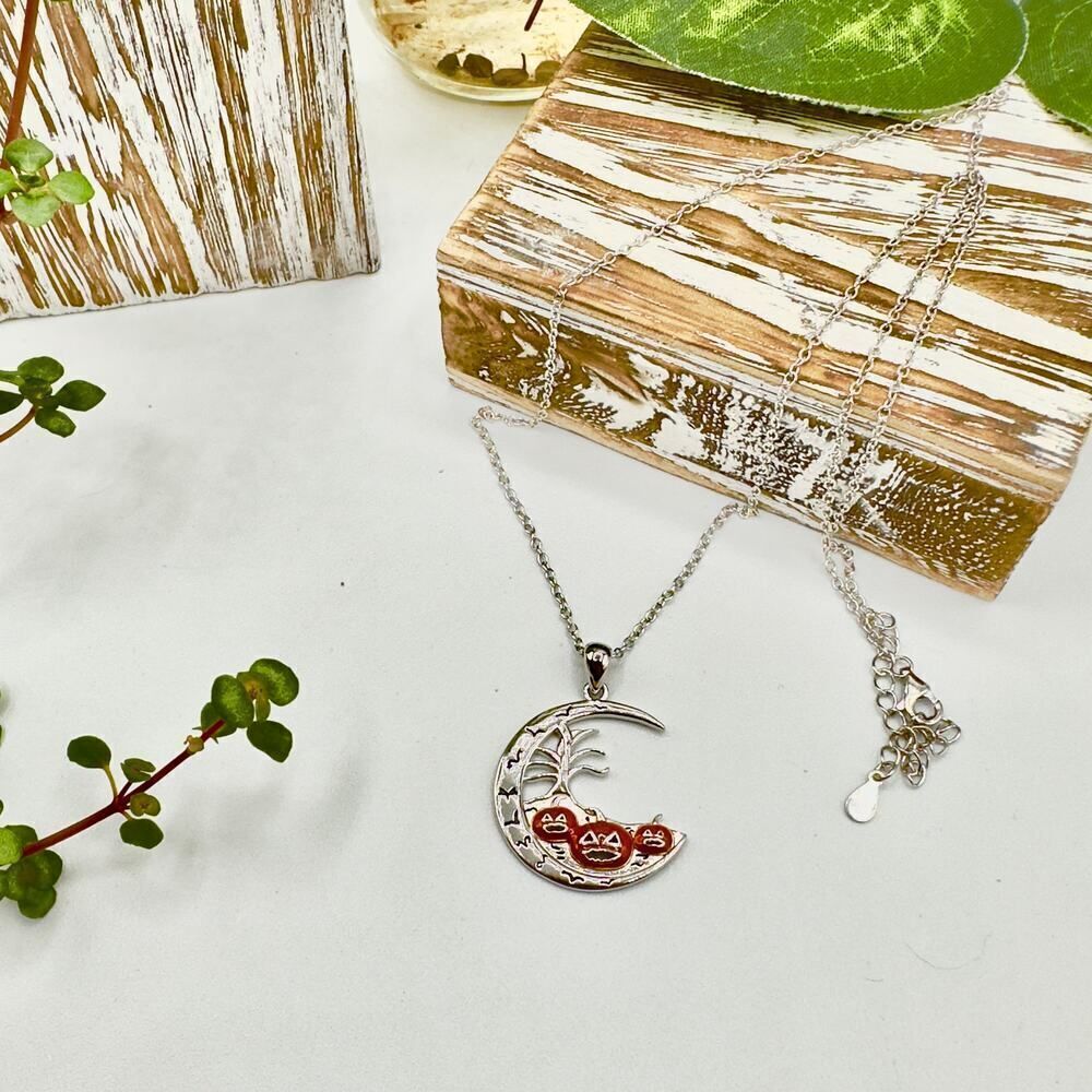 Sterling Silver Moon, Pumpkin, Bats Halloween Pendant Necklace